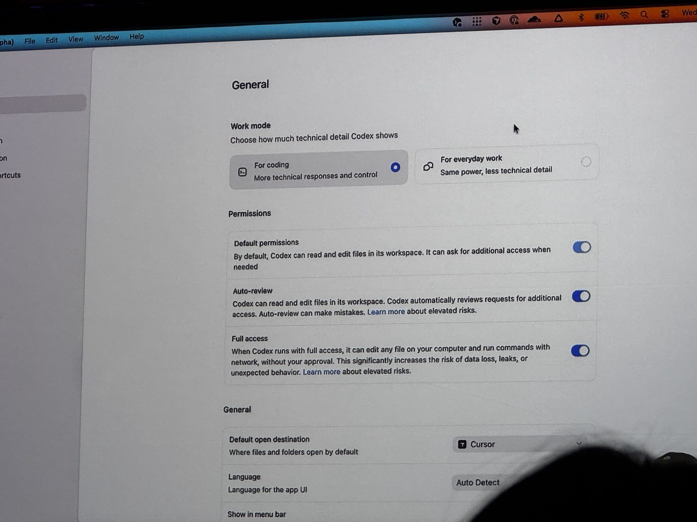 Codex permission settings